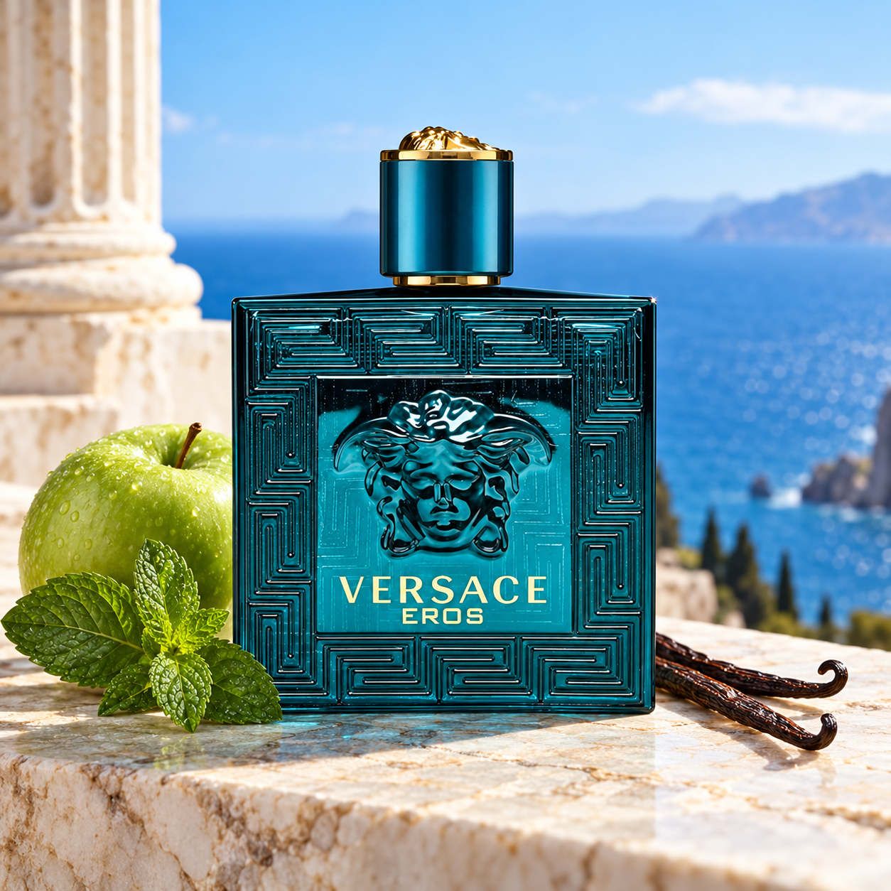 Versace Eros bottle on pale marble with green apple, mint and vanilla pods beside a classical column overlooking blue sea.