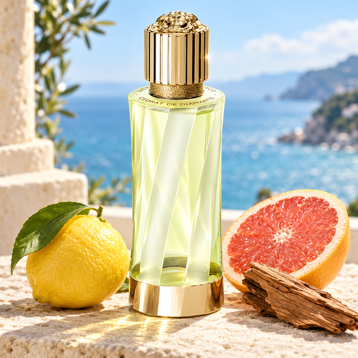 Versace Cédrat de Diamante beside lemon, pink grapefruit, and cedar wood on a sunlit terrace overlooking the Mediterranean.