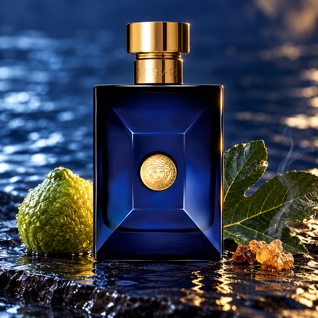 Versace Dylan Blue Pour Homme bottle on wet slate with whole bergamot, fig leaf and smoking resin against blue water reflections.