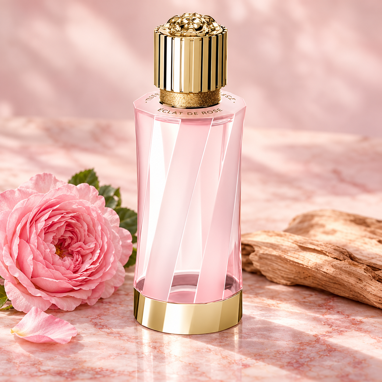 Versace Éclat de Rose pink faceted bottle beside a pink rose and pale wood on rose marble in soft light.