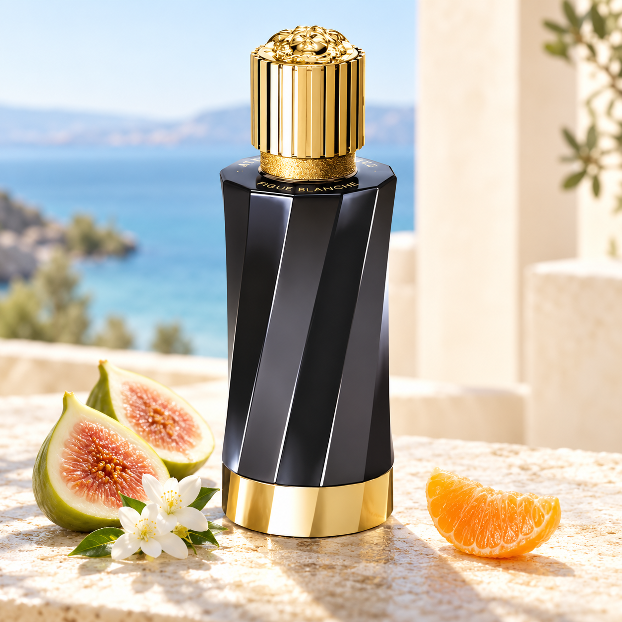 Versace Figue Blanche on a sunlit Mediterranean terrace with cut green figs, a mandarin segment and white jasmine beside a blurred blue sea.