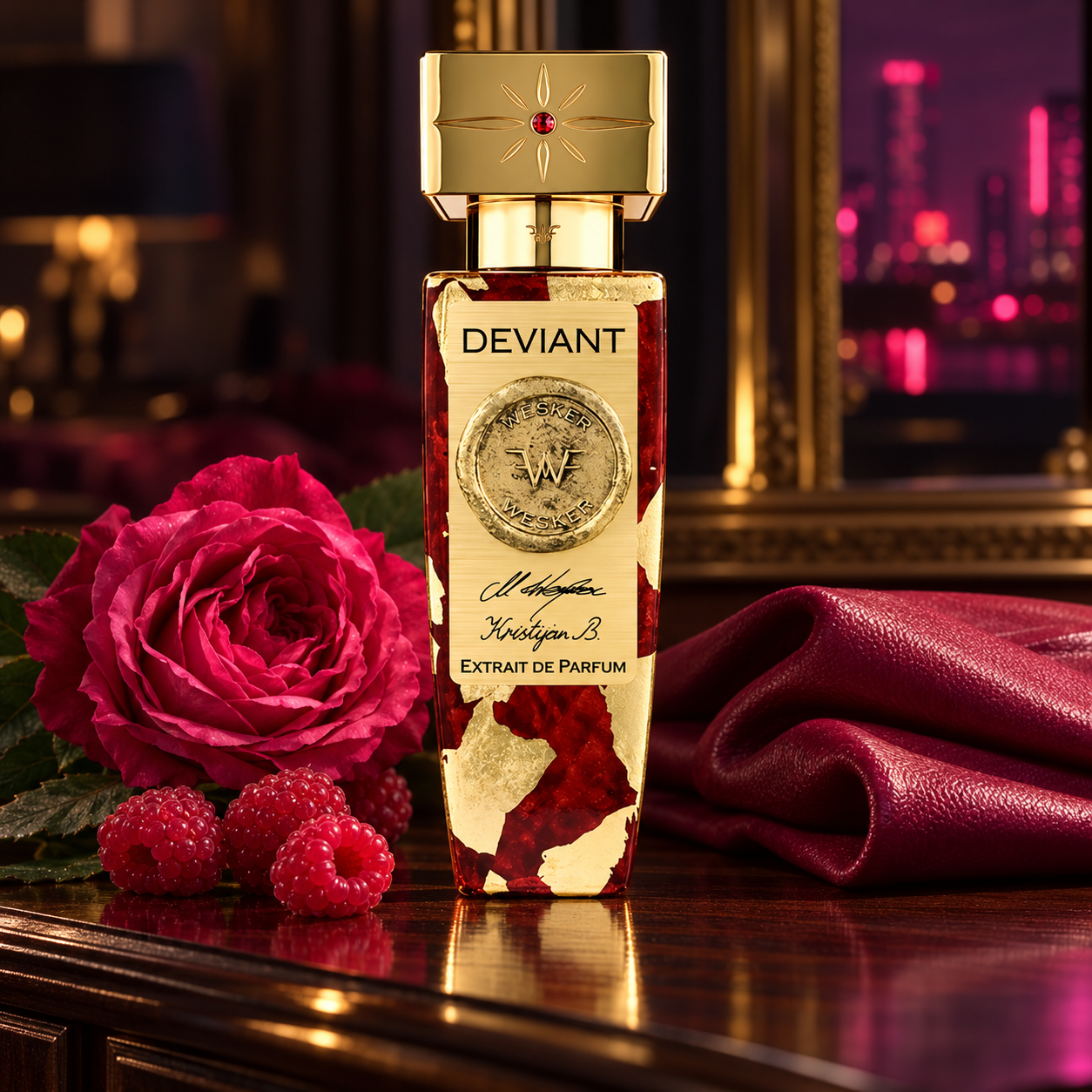 Wesker Deviant bottle with a pink rose, raspberries and burgundy leather on a dark dresser beside a neon-lit mirror.