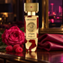 Wesker Deviant bottle with a pink rose, raspberries and burgundy leather on a dark dresser beside a neon-lit mirror.