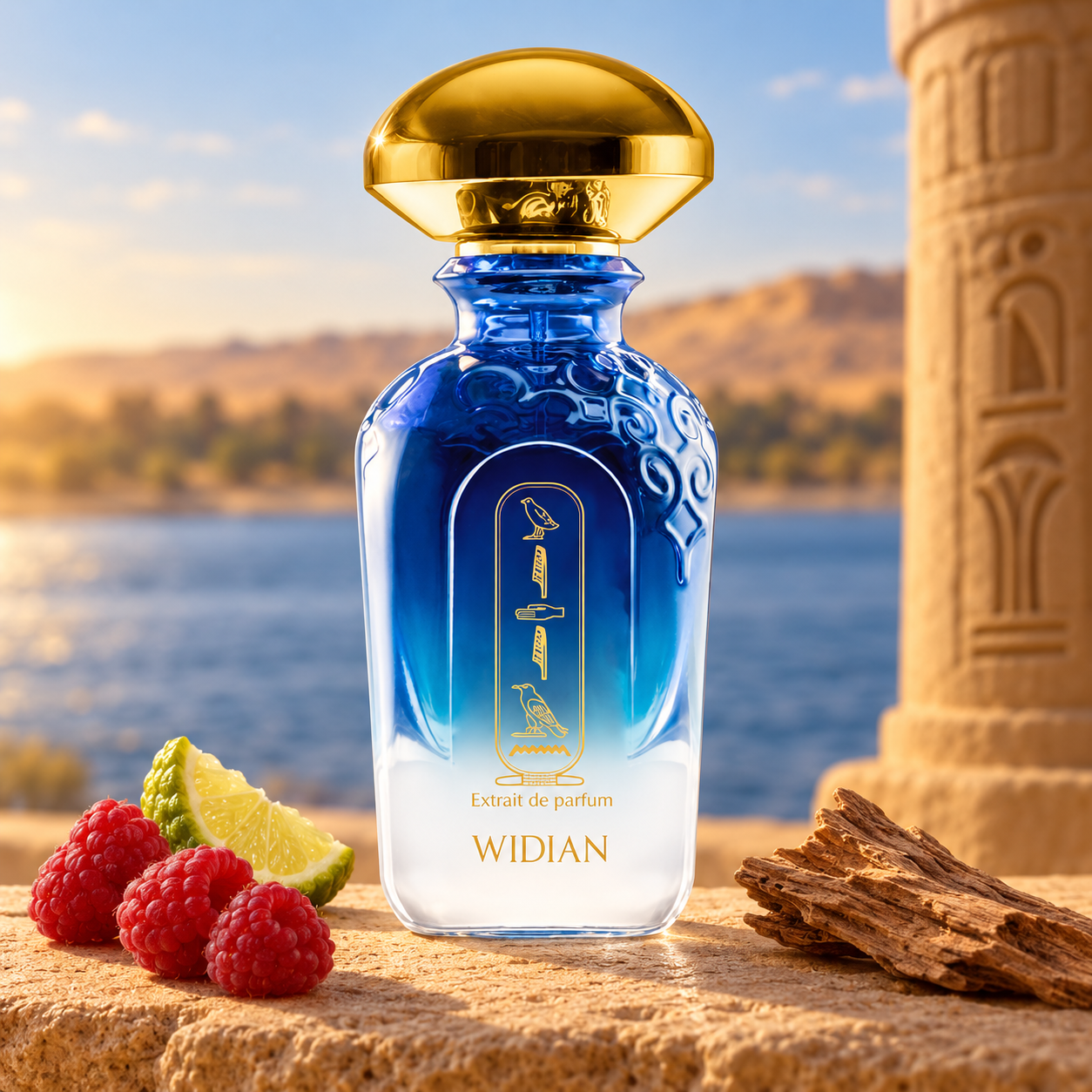 Widian Aswan on golden sandstone beside raspberries, bergamot, and cedarwood, with blue water, desert hills, and an Egyptian-style column behind it.