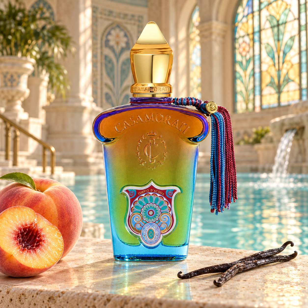 Casamorati Tempio d’Acqua stands beside peach and vanilla pods on a stone ledge overlooking a turquoise spa pool, with floral stained glass filtering warm sunlight.