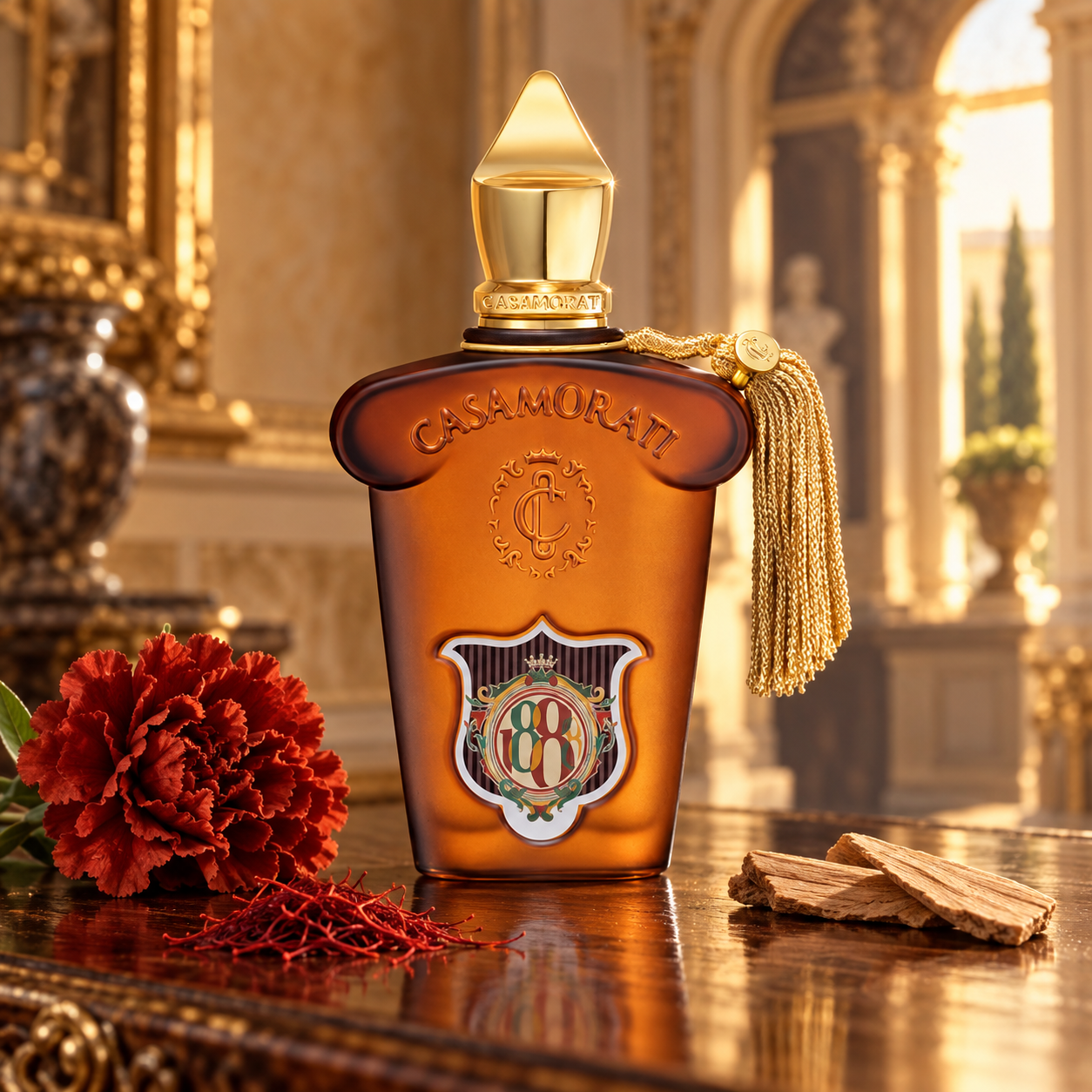 Xerjoff Casamorati 1888 bottle with carnation, saffron, and sandalwood on polished wood in a warmly lit Italian interior.