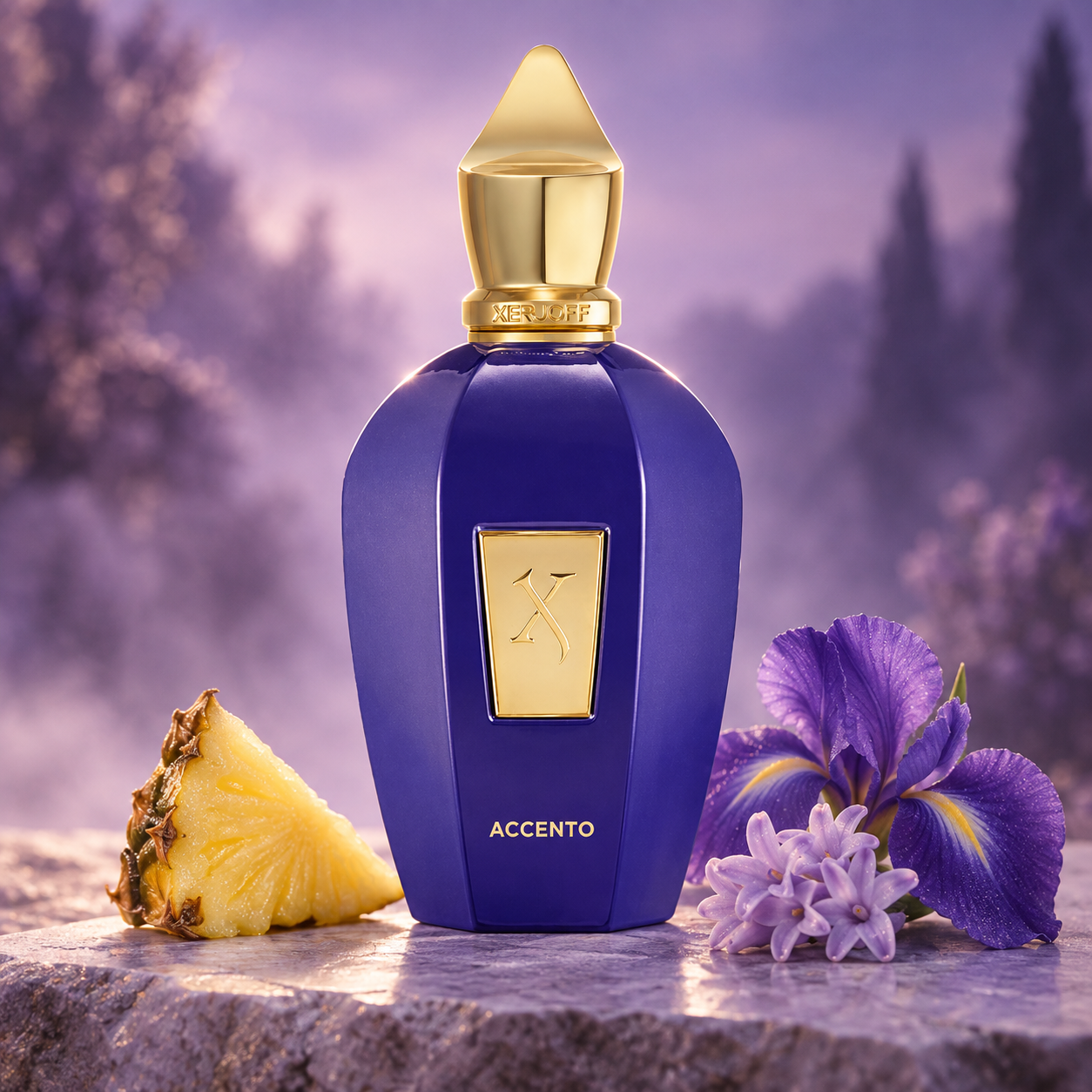 Xerjoff Accento purple bottle beside pineapple, iris, and hyacinth on pale stone against a softly lit, misty lavender background.