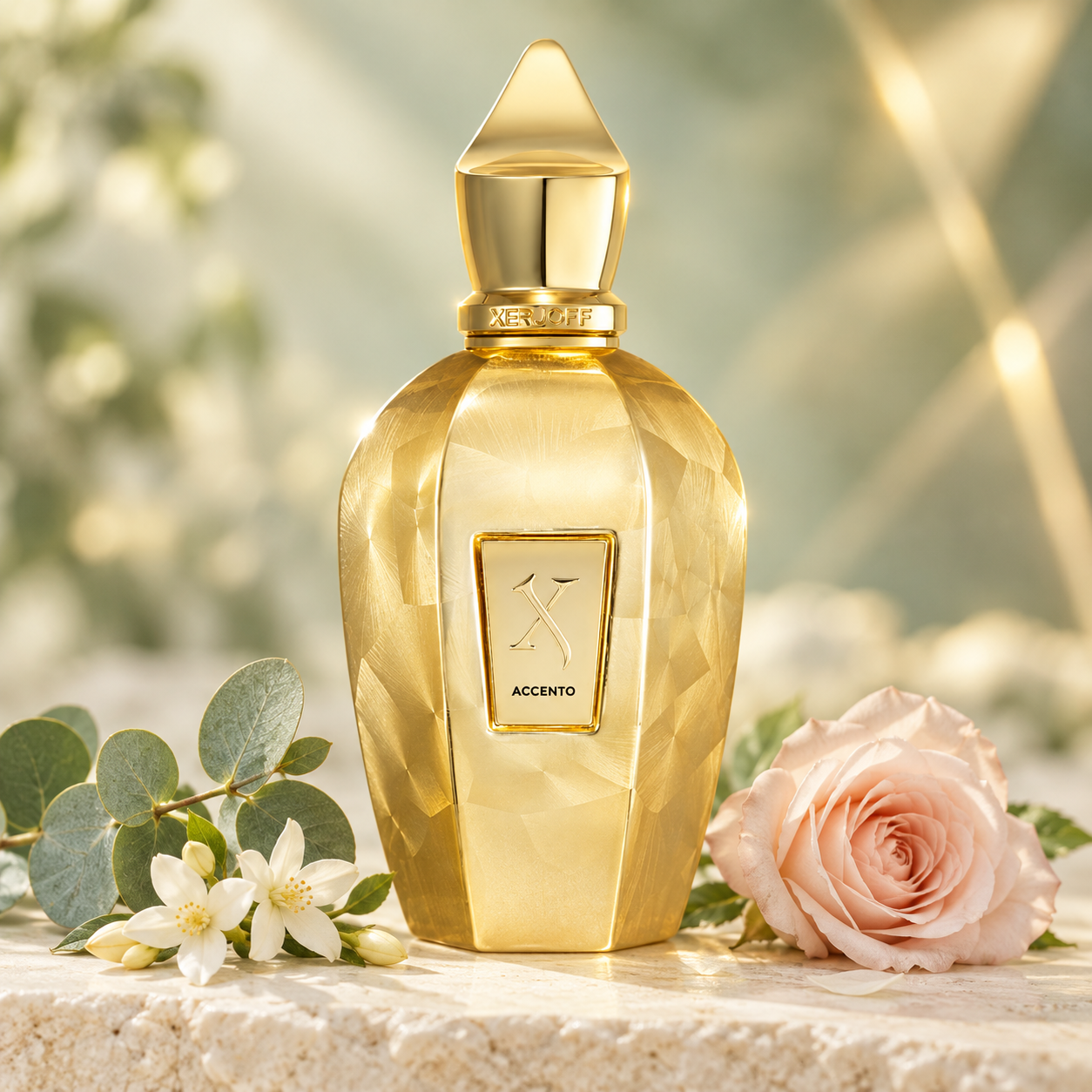Xerjoff Accento Overdose gold bottle beside eucalyptus, white jasmine, and a blush rose on ivory stone in soft golden light.