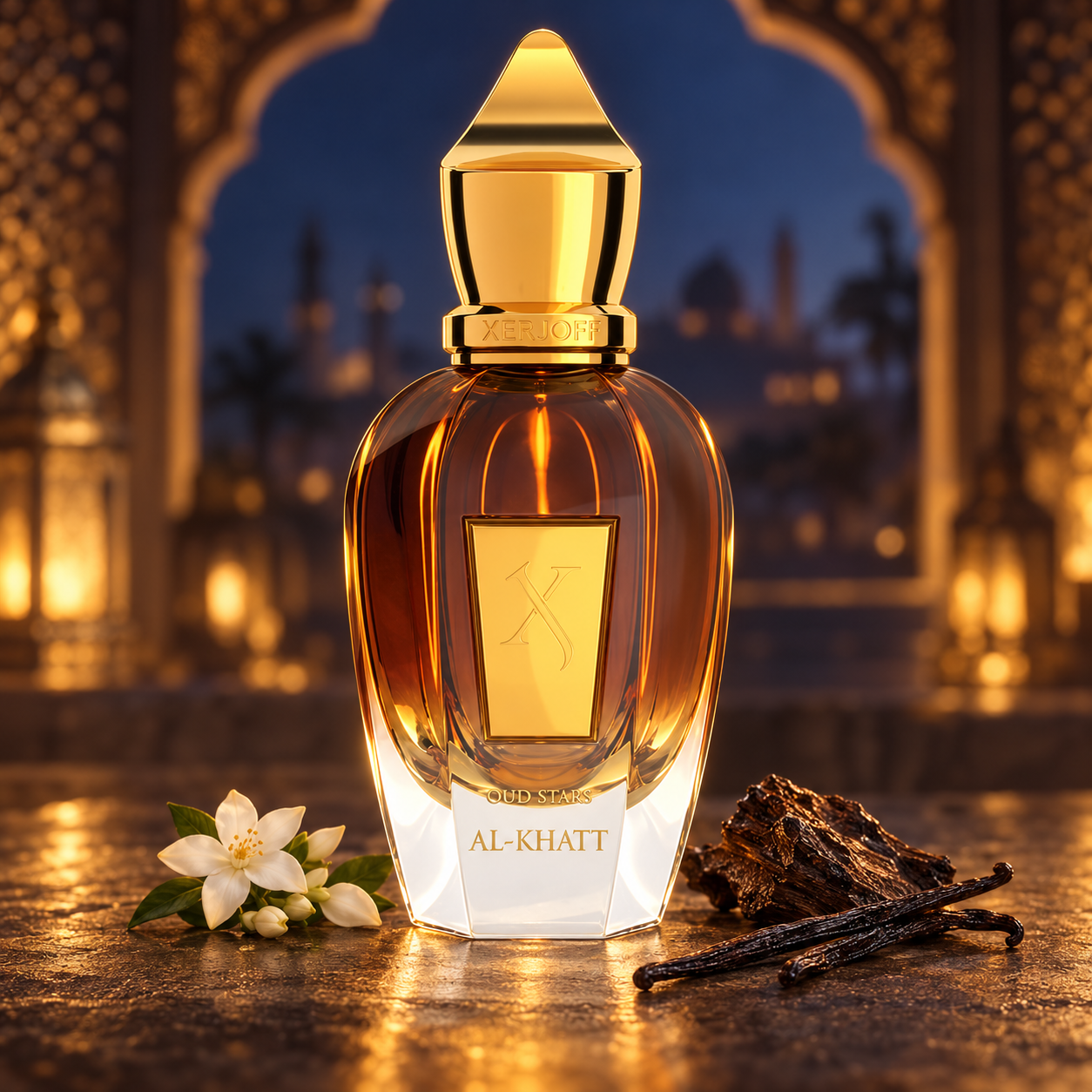 Xerjoff Al-Khatt’s amber bottle beside white jasmine, oud wood, and vanilla pods beneath a softly lit arabesque arch at night.