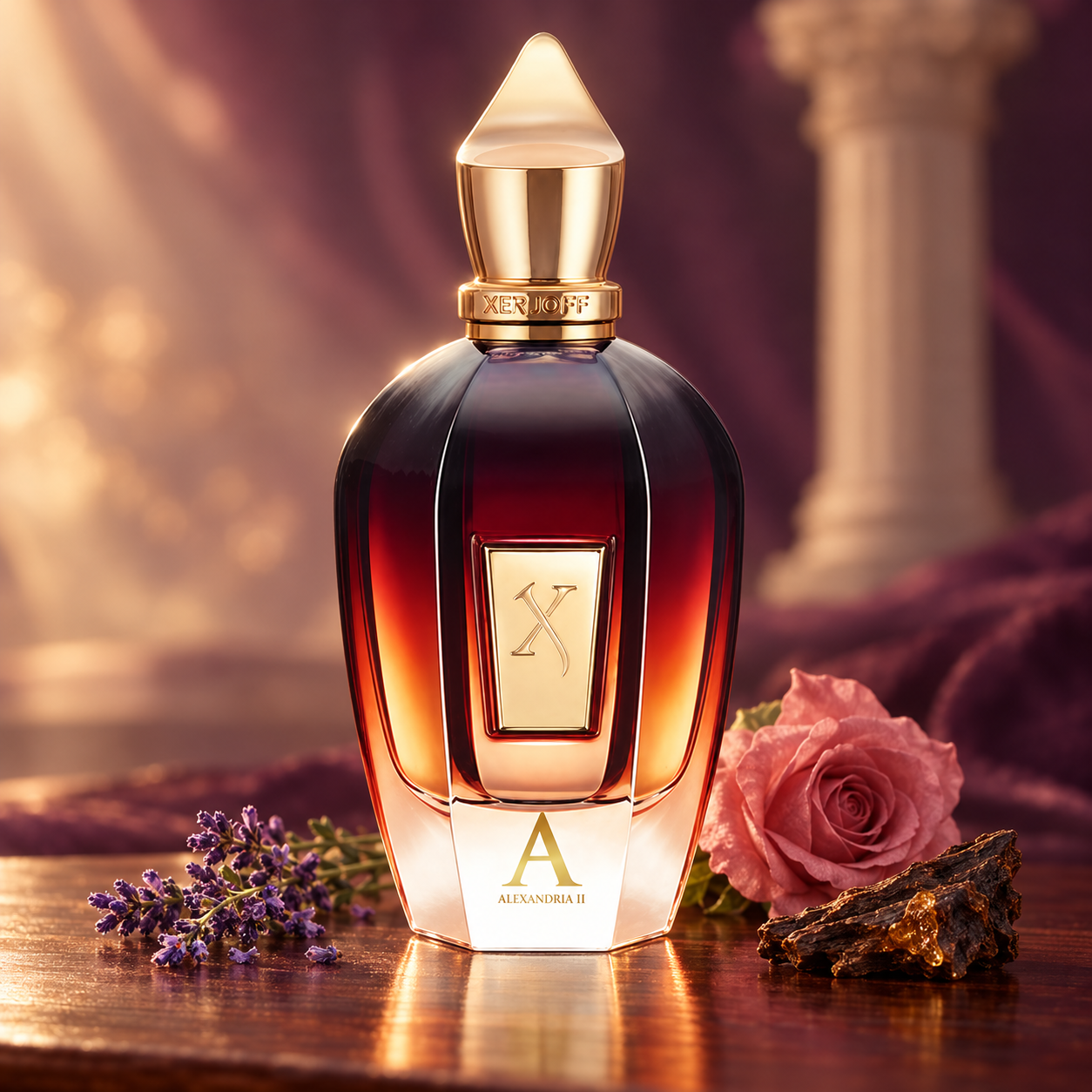 Xerjoff Alexandria II beside lavender, a dusky pink rose, and oud wood on a polished wooden surface, illuminated by warm light with a blurred classical column behind it.