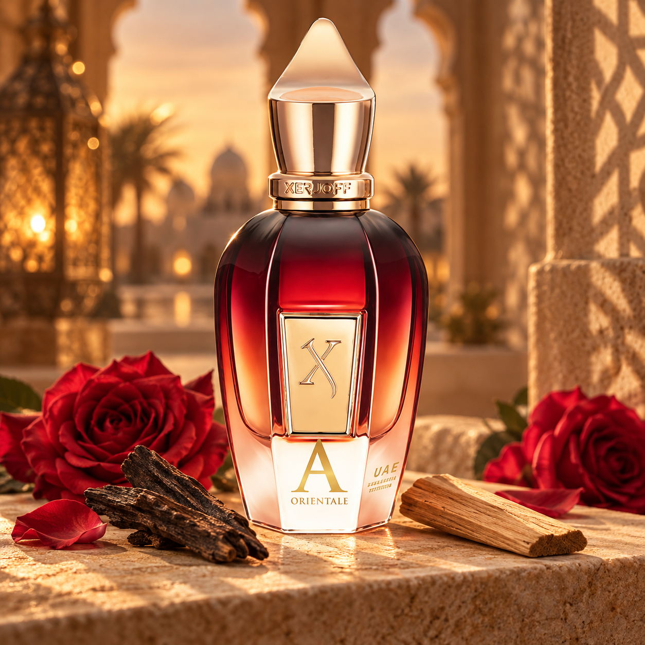 Alexandria Orientale surrounded by red roses, oud and sandalwood in a sunlit Arabian setting.
