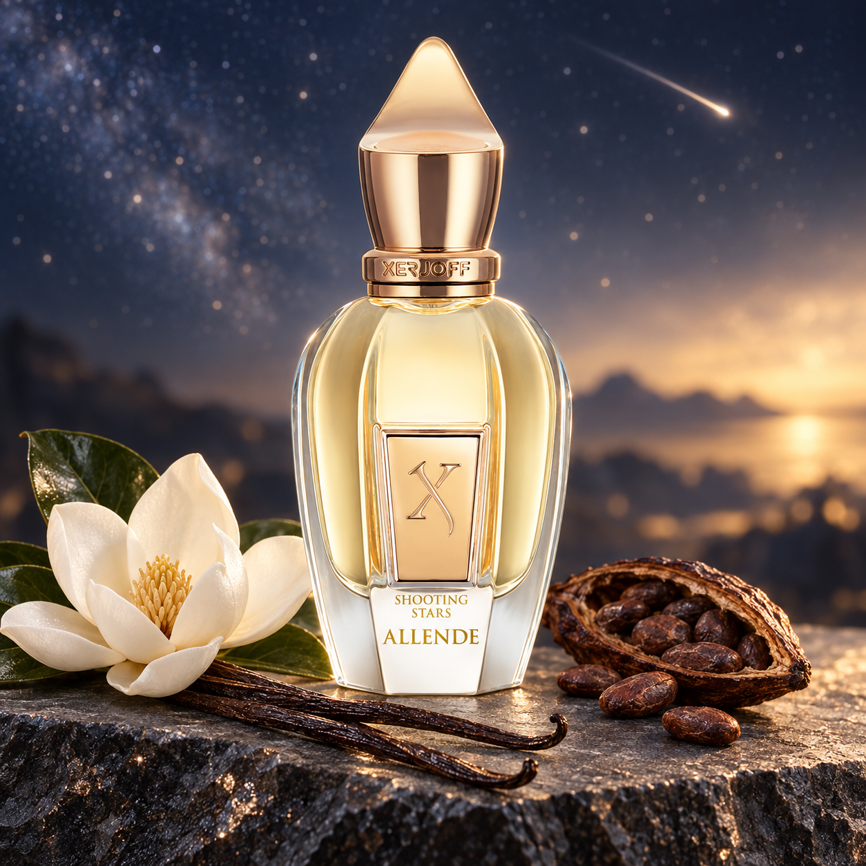 Xerjoff Allende stands on dark stone beside white magnolia, vanilla pods, and cacao, with a shooting star above a softly lit horizon.
