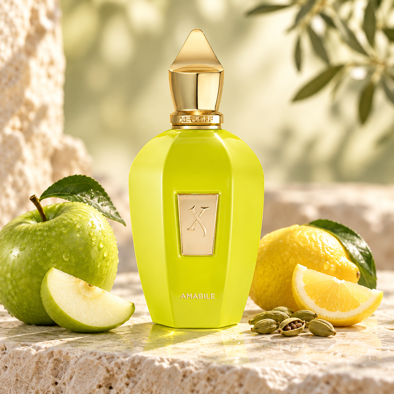 Xerjoff Amabile’s yellow-green bottle stands beside green apple, lemon, and cardamom on sunlit limestone.