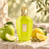 Xerjoff Amabile’s yellow-green bottle stands beside green apple, lemon, and cardamom on sunlit limestone.