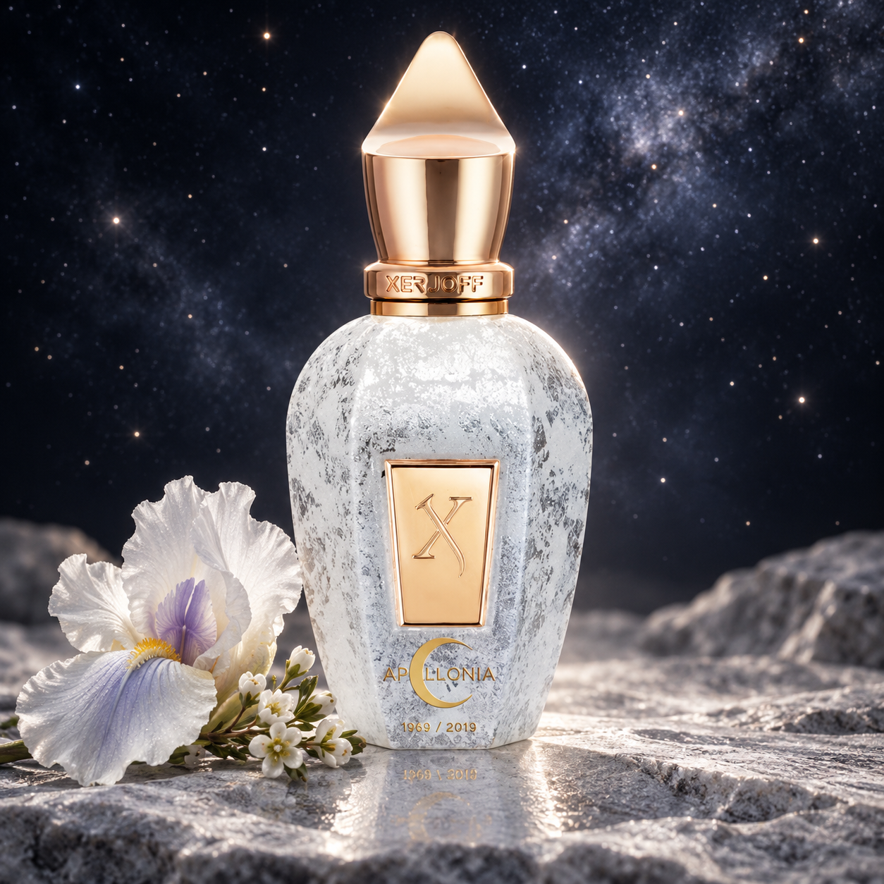 Xerjoff Apollonia on silver stone beside a white iris and small white blossoms, beneath a star-filled night sky.