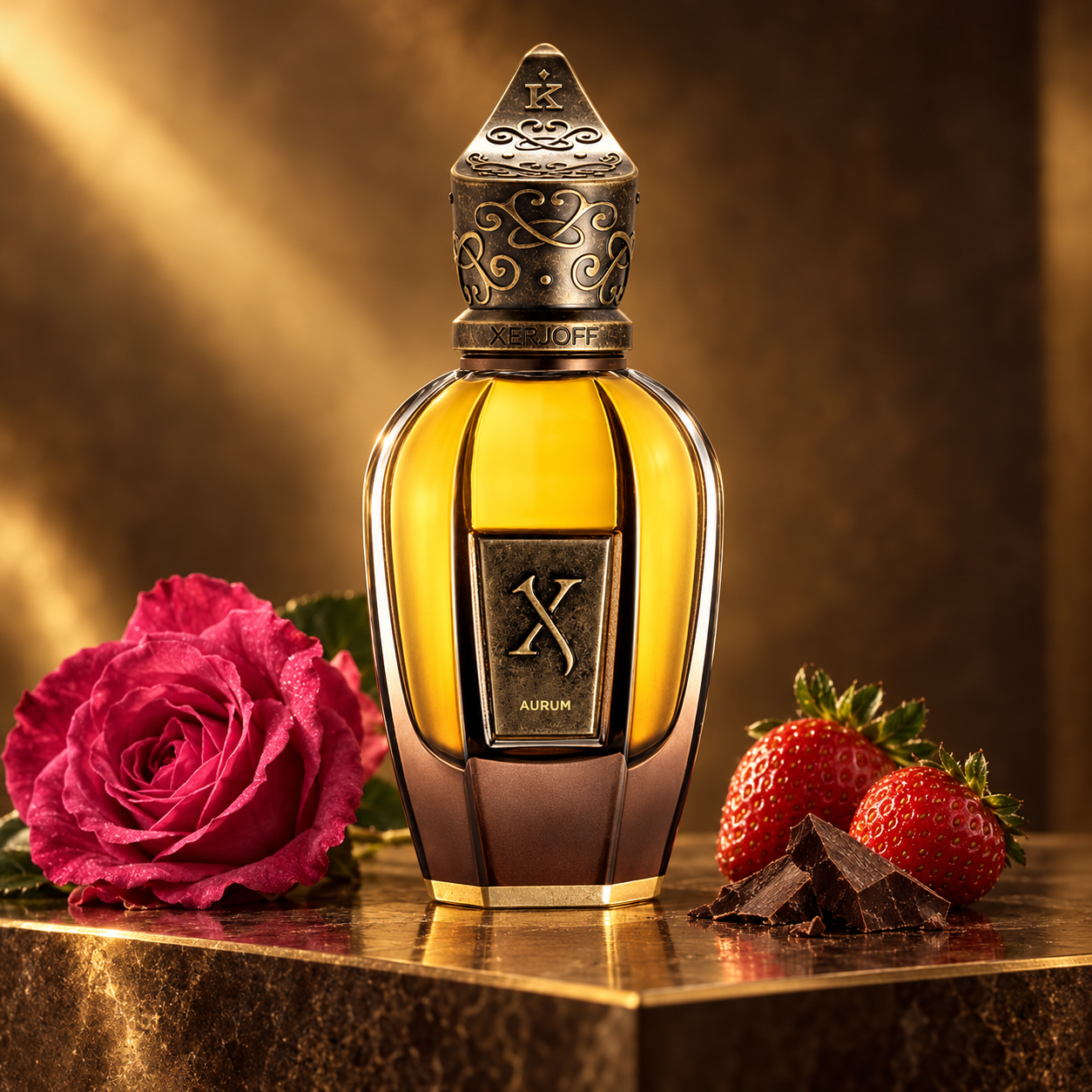 Xerjoff Aurum on a gold-edged stone plinth beside a pink rose, strawberries, and dark chocolate in warm golden light.