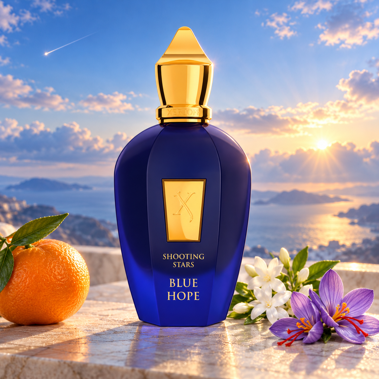Xerjoff Blue Hope on pale stone beside mandarin, jasmine, and saffron crocuses, overlooking a blue coastal sunrise with a shooting star above.