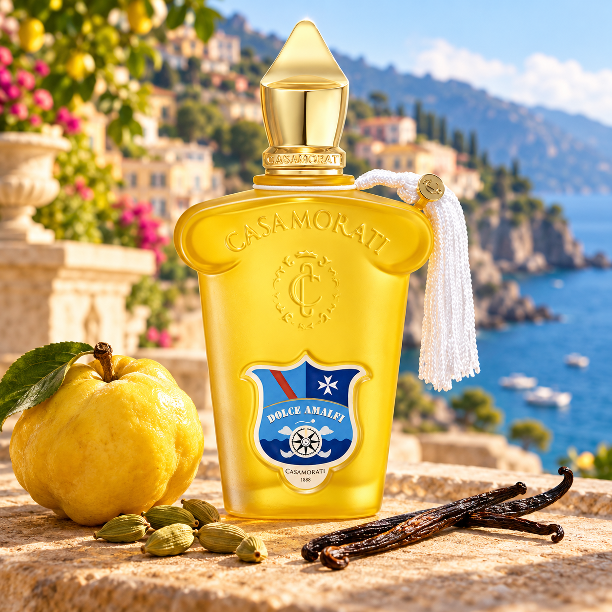 Xerjoff Dolce Amalfi yellow bottle with whole quince, cardamom and vanilla on a sunny terrace above the Amalfi Coast.