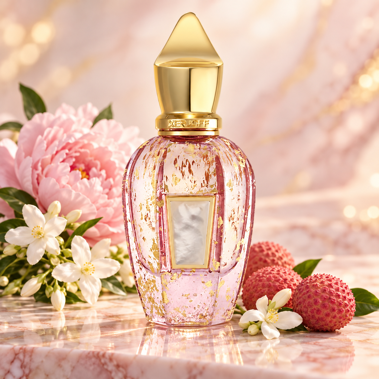 Xerjoff Elle Anniversary perfume with pink peony, jasmine and whole lychees on pink marble in soft golden light.