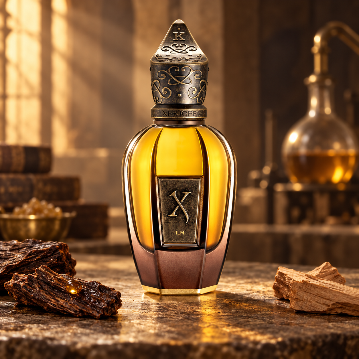 Xerjoff Ilm bottle with oud and sandalwood on a stone workbench, with antique distillation glassware in warm golden light.