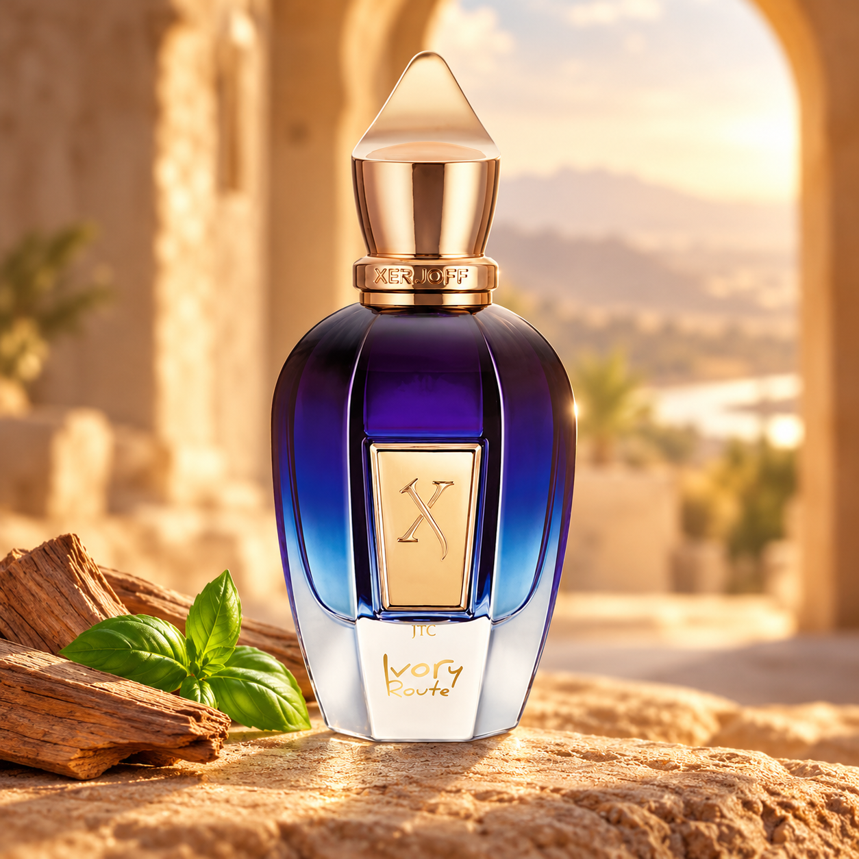 Xerjoff Ivory Route on warm stone beside sandalwood and basil, with a softly blurred golden archway and distant landscape.