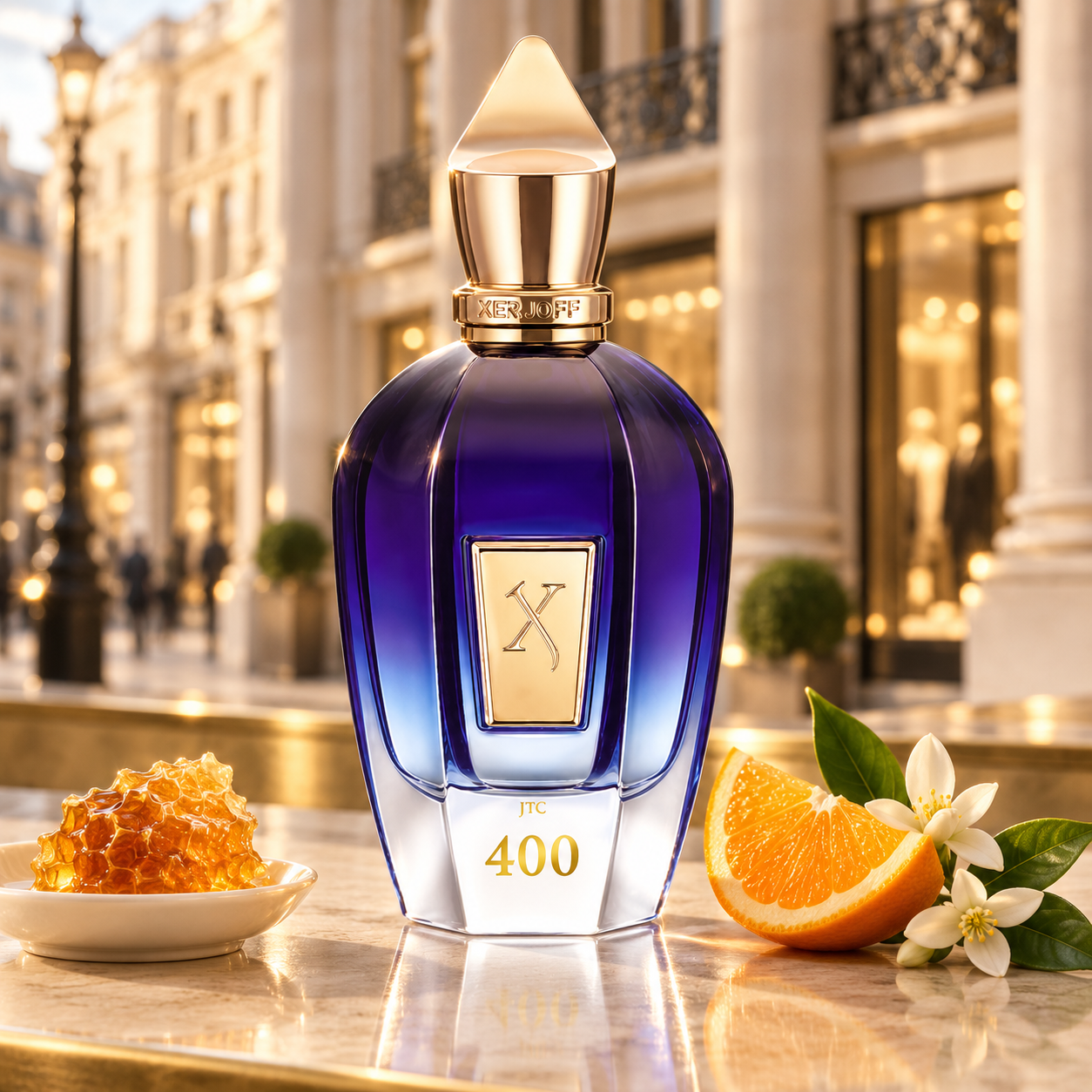 Xerjoff JTC 400 with honeycomb, orange, and orange blossoms against a warmly lit London shopping street.