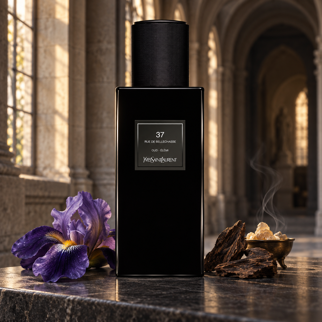 Yves Saint Laurent 37 Rue de Bellechasse with purple iris, oud wood, and smoking incense resin in a softly lit stone arcade.