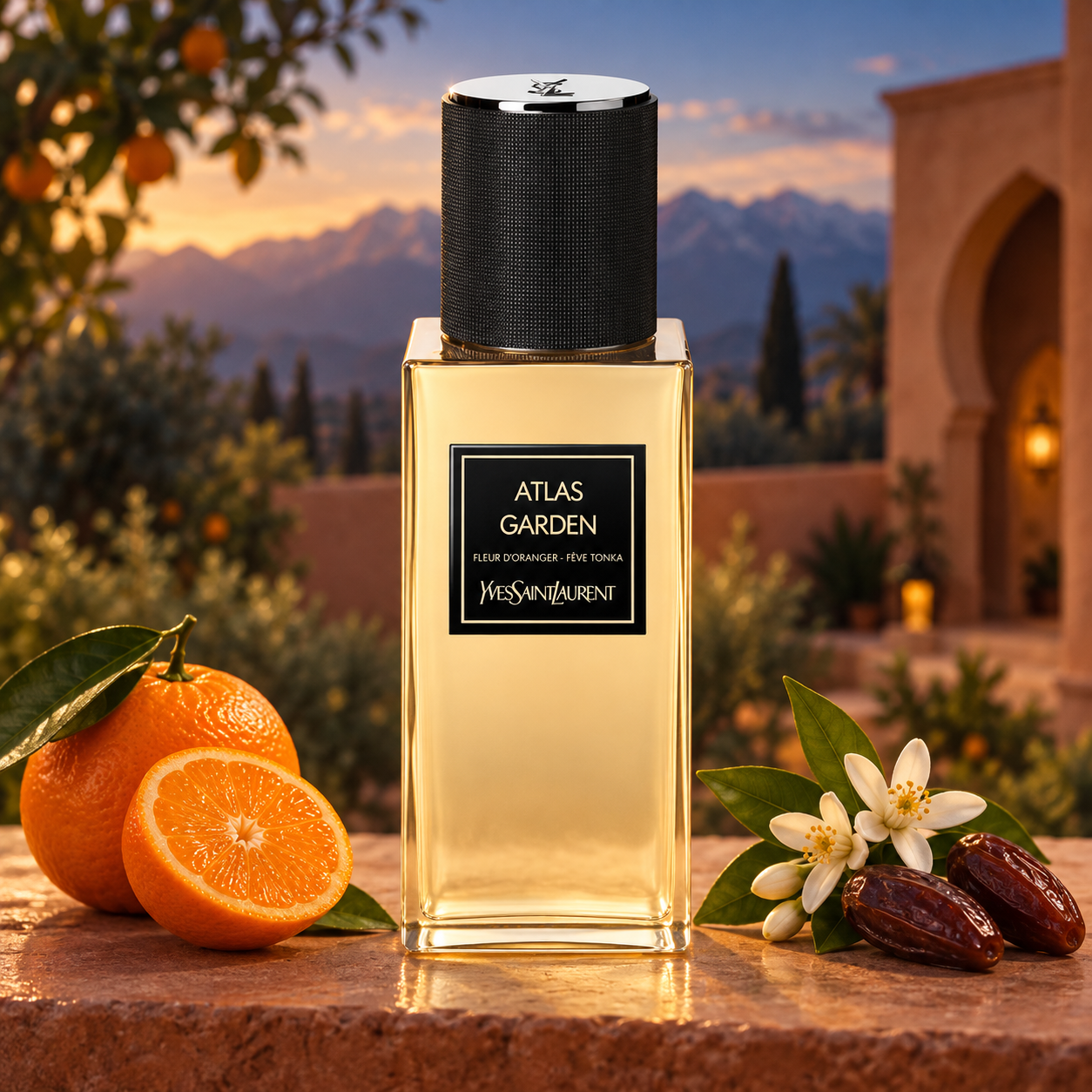 Yves Saint Laurent Atlas Garden on terracotta stone beside mandarin, orange blossoms, and dates, with a Moroccan-style garden and distant mountains at twilight.