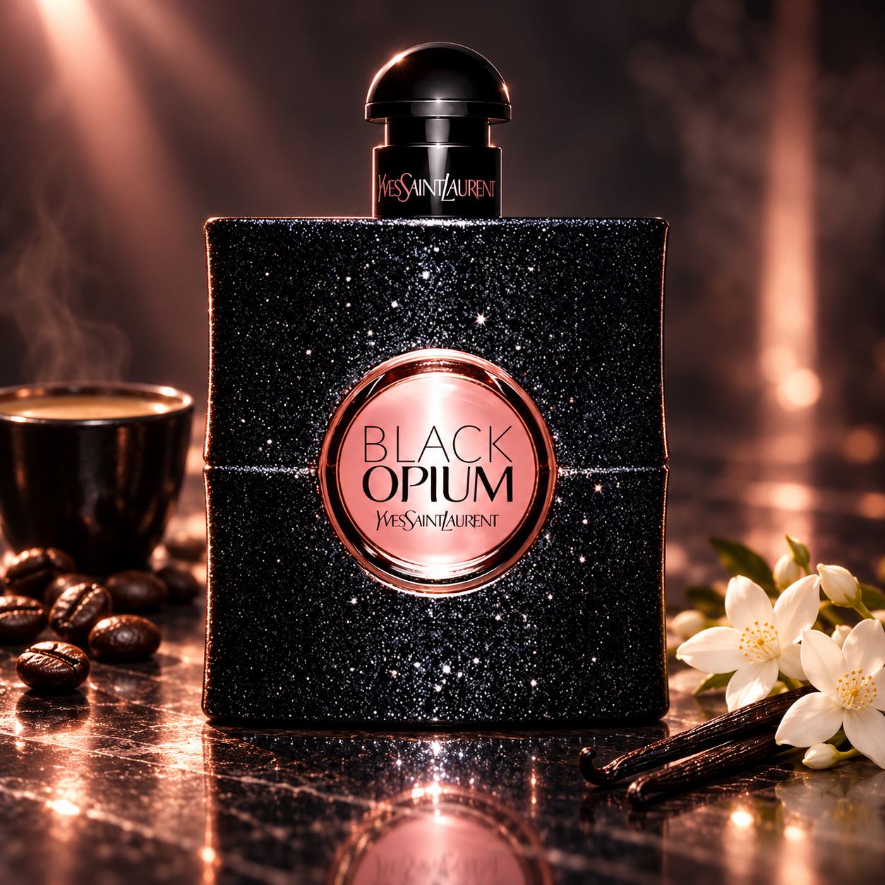 Yves Saint Laurent Black Opium beside espresso, coffee beans, jasmine, and vanilla pods on glossy dark stone in rose-gold light.