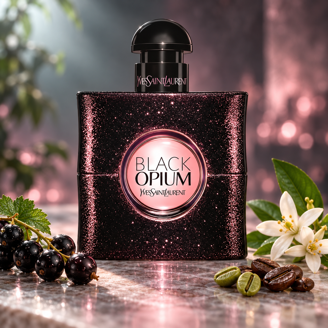 Yves Saint Laurent Black Opium Eau de Toilette beside black currants, orange blossoms, and green and roasted coffee beans in soft pink light.