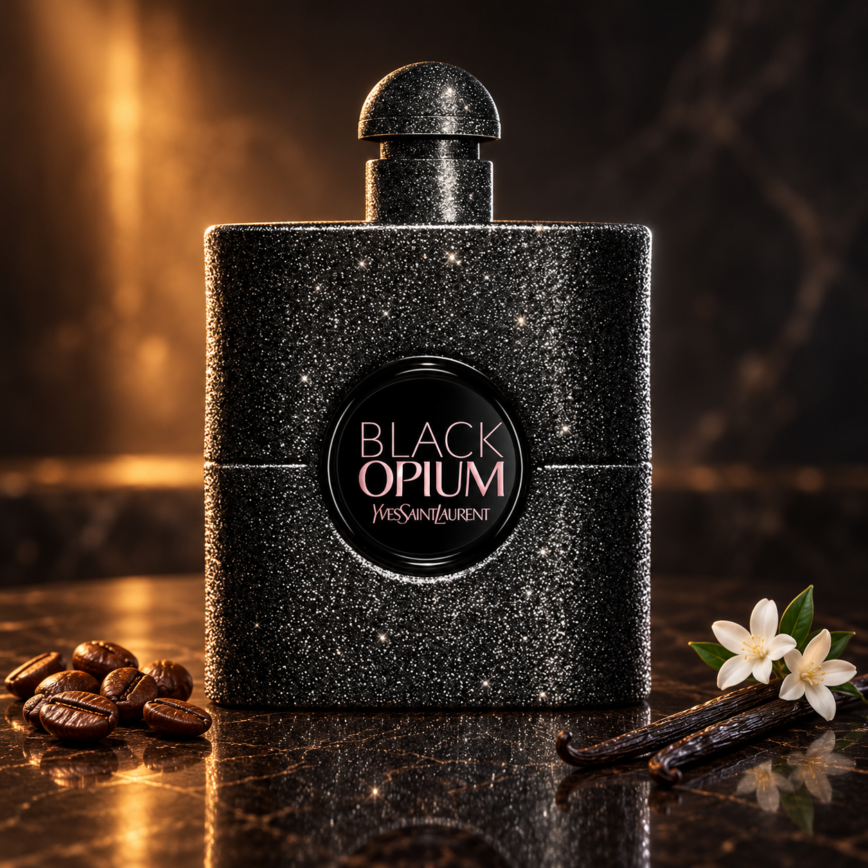 Yves Saint Laurent Black Opium Extreme on dark reflective stone with coffee beans, vanilla pods, and white flowers under warm amber lighting.