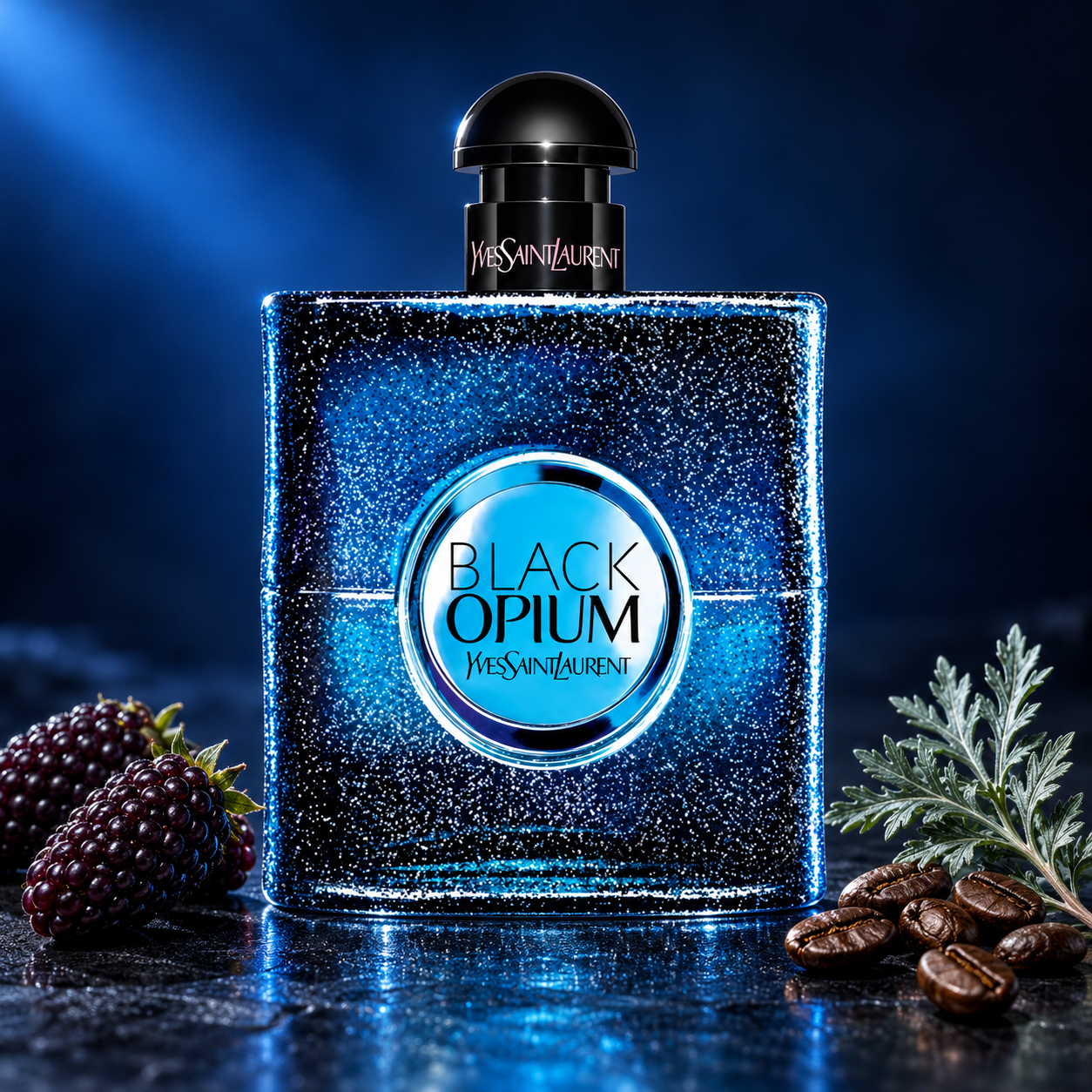 Yves Saint Laurent Black Opium Intense on dark reflective stone with boysenberries, coffee beans, and wormwood under sapphire-blue lighting.