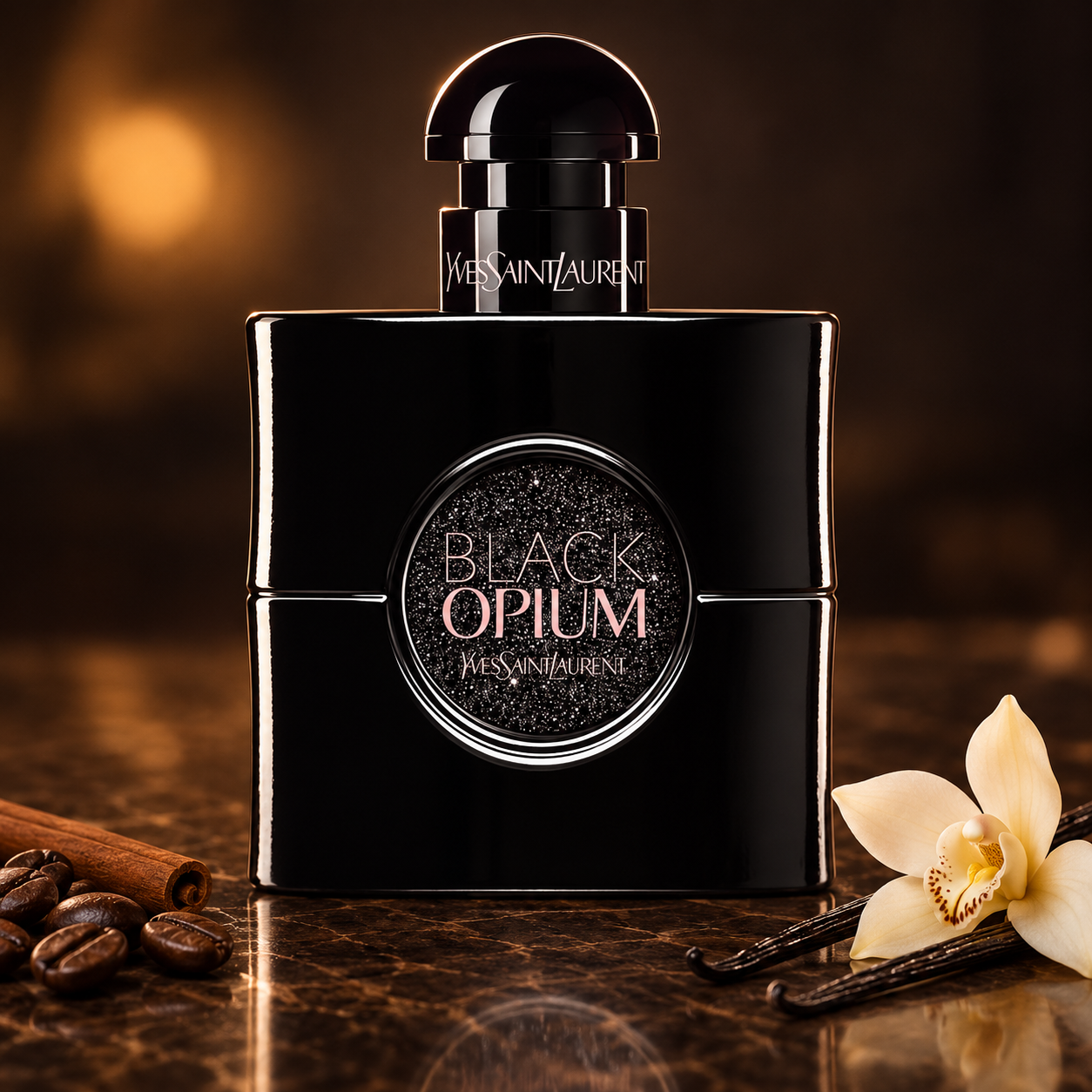 Yves Saint Laurent Black Opium Le Parfum on reflective brown stone with coffee beans, cinnamon, vanilla pods, and a cream orchid under warm amber lighting.
