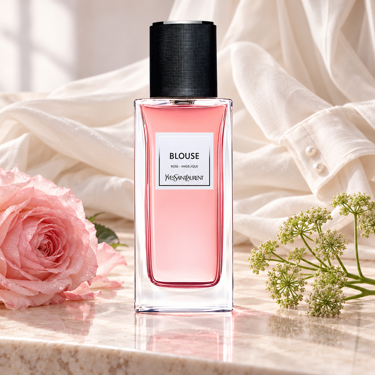 Yves Saint Laurent Blouse on pale stone beside a dewy pink rose and angelica, with an ivory blouse draped behind it in soft daylight.