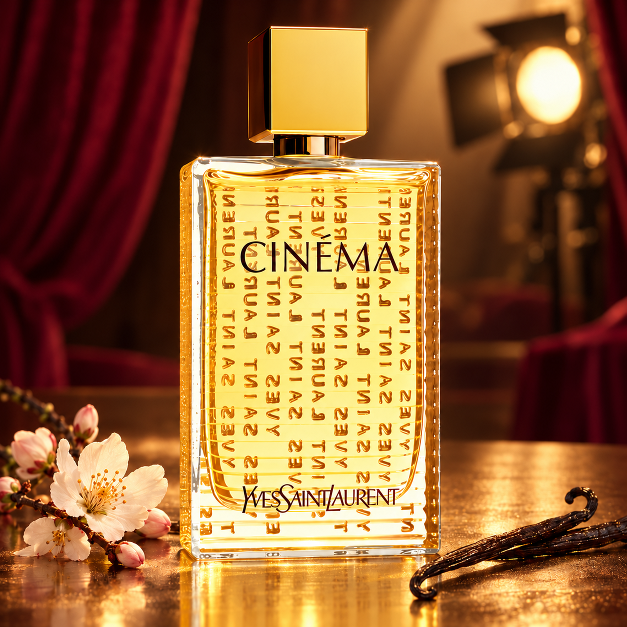 Yves Saint Laurent Cinéma’s golden bottle beside almond blossoms and vanilla pods, framed by burgundy curtains and a warm cinema spotlight.