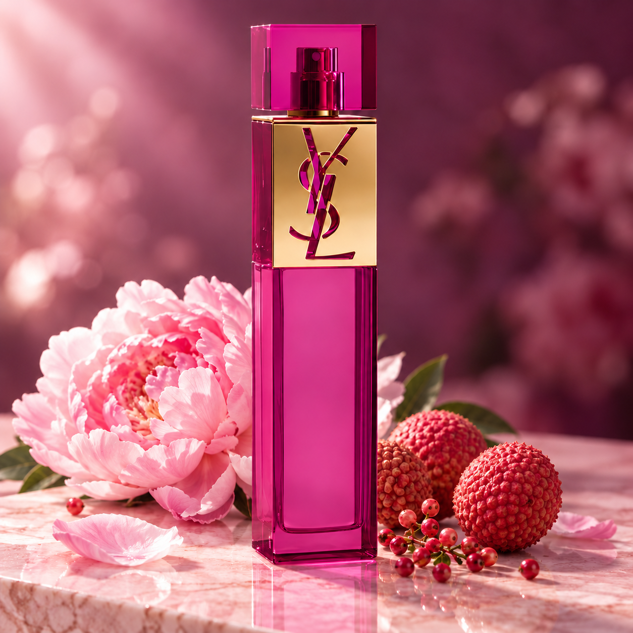 Yves Saint Laurent Elle perfume beside a pink peony, whole lychees and pink pepper on pink stone in soft light.