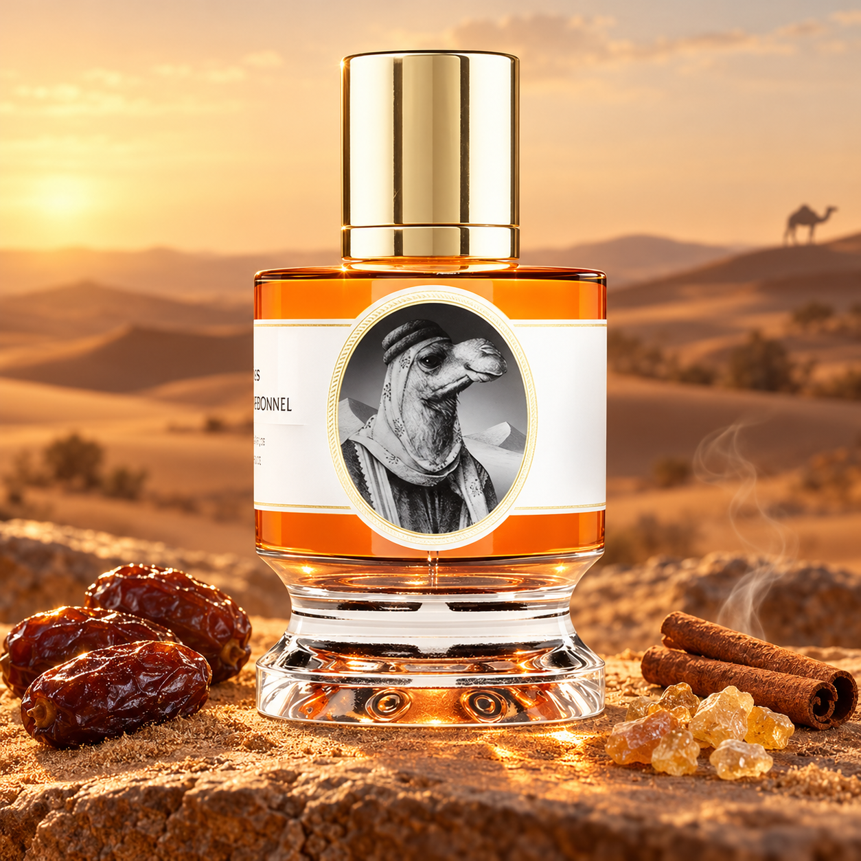 Zoologist Camel with dates, cinnamon, and frankincense before golden desert dunes and a distant camel silhouette.