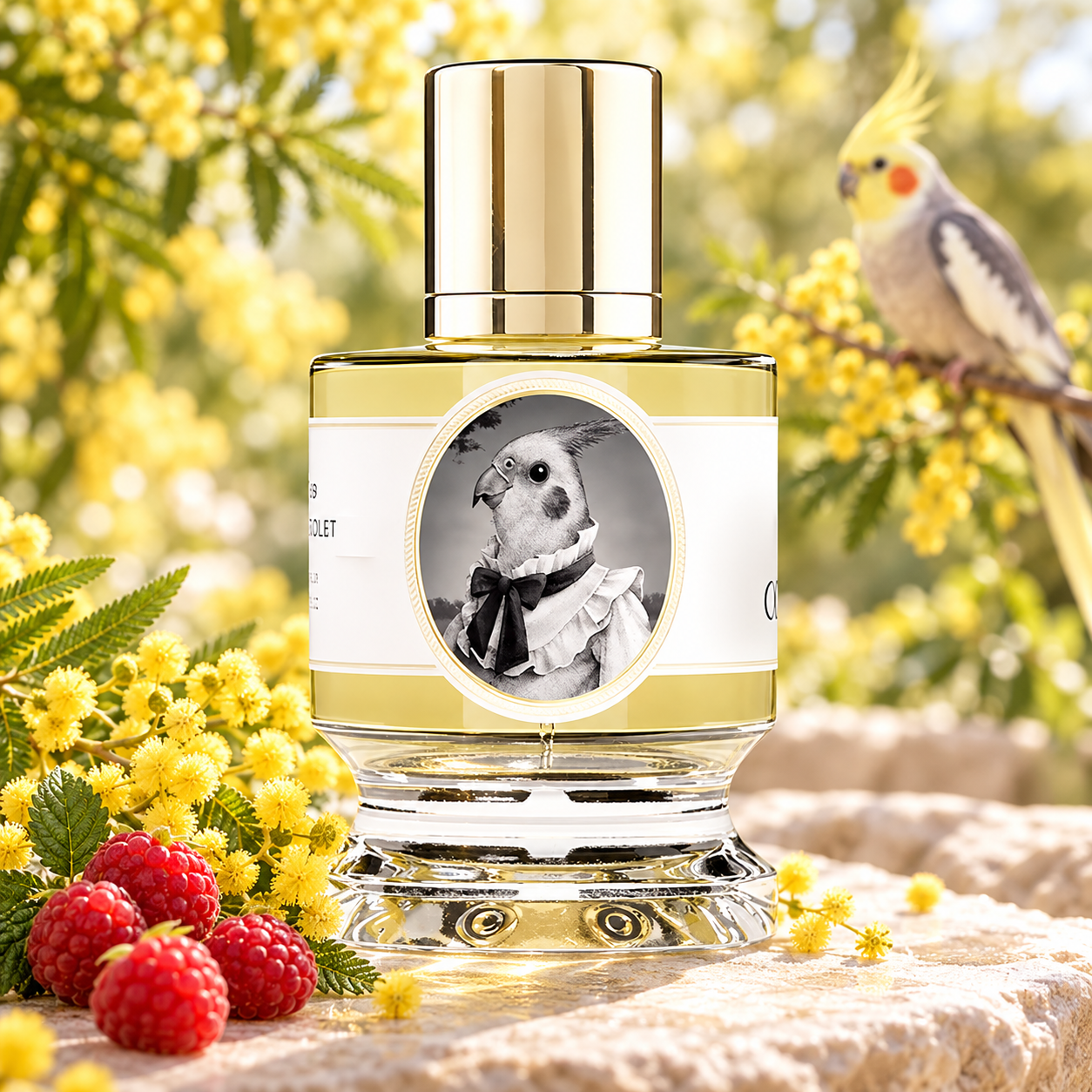 Zoologist Cockatiel bottle beside yellow acacia and raspberries on sunlit stone, with a cockatiel perched in the softly blurred garden behind.