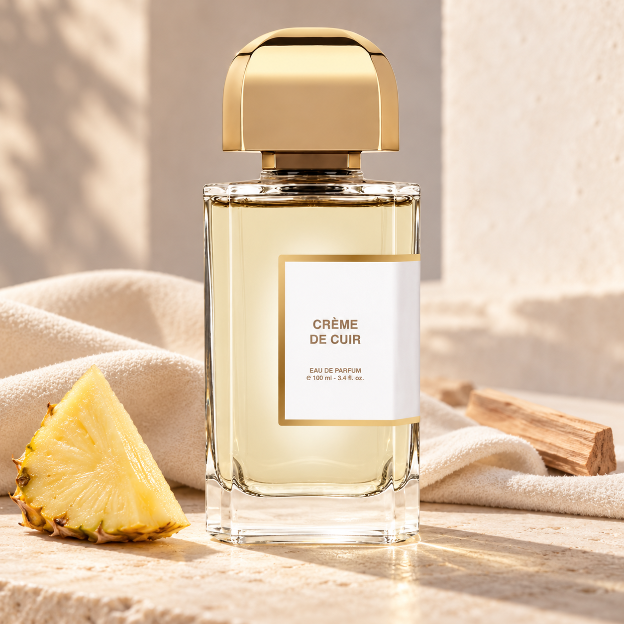 BDK Crème de Cuir perfume bottle beside a pineapple wedge, ivory fabric and pale wood in warm sunlight.