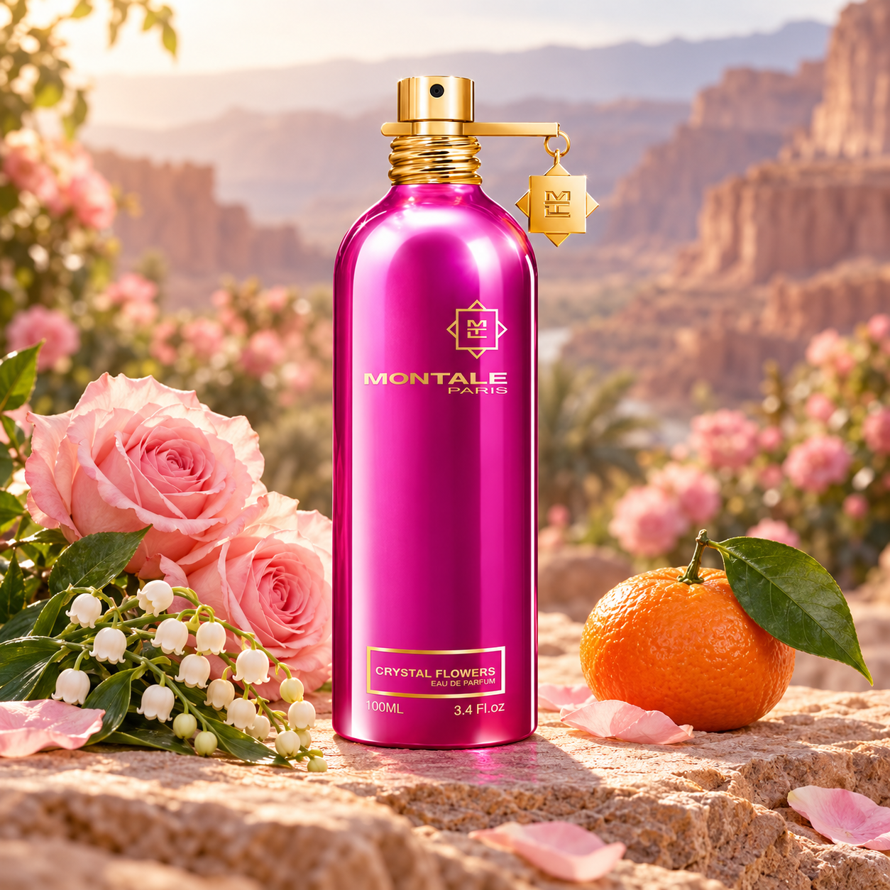 Montale Crystal Flowers pink bottle beside blush roses, lily-of-the-valley and a whole mandarin on sandstone, with a sunlit rose garden and rocky valley behind.