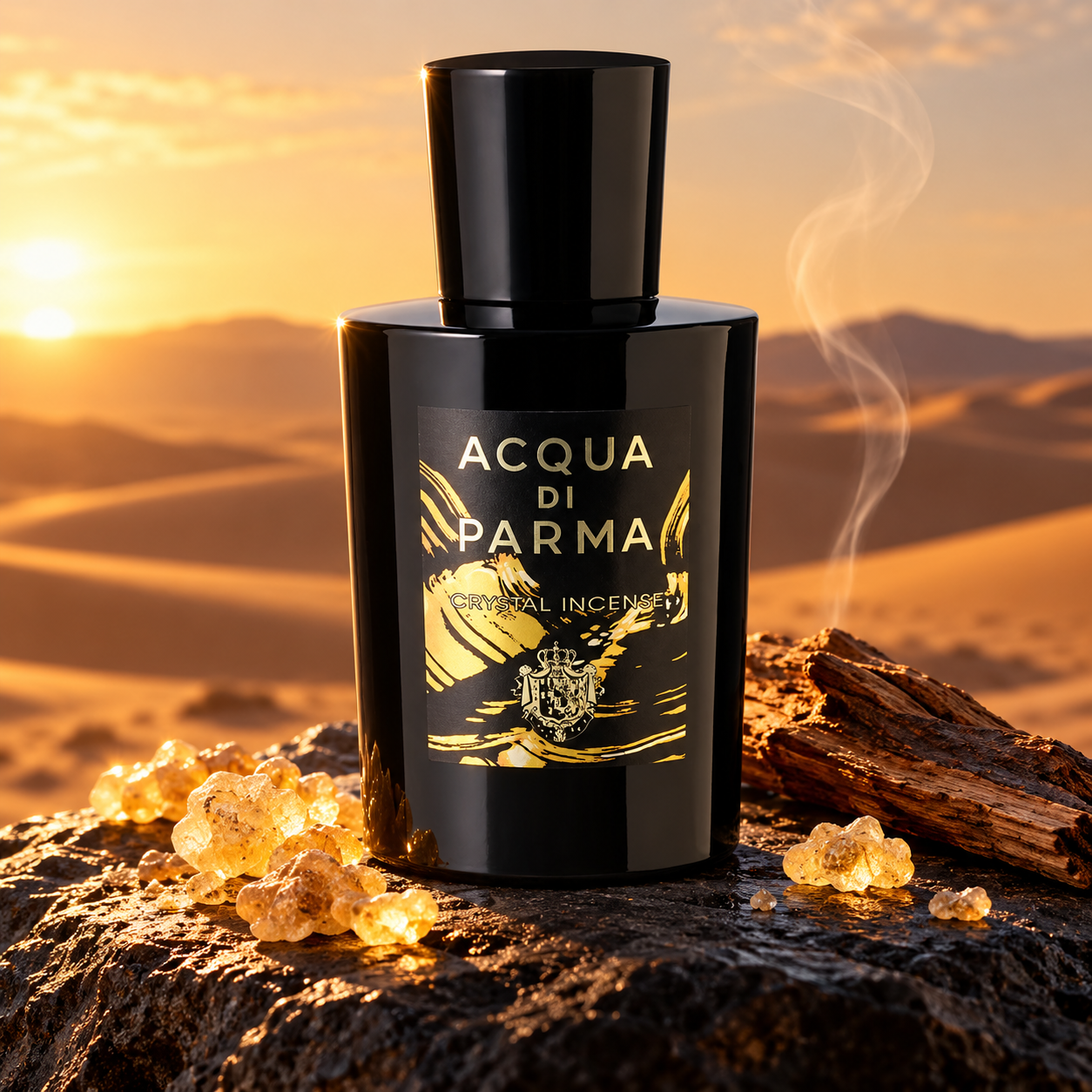 Acqua di Parma Crystal Incense black bottle beside golden frankincense resin and cedarwood on dark stone, with smoke and sunlit desert dunes behind.