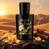 Acqua di Parma Crystal Incense black bottle beside golden frankincense resin and cedarwood on dark stone, with smoke and sunlit desert dunes behind.