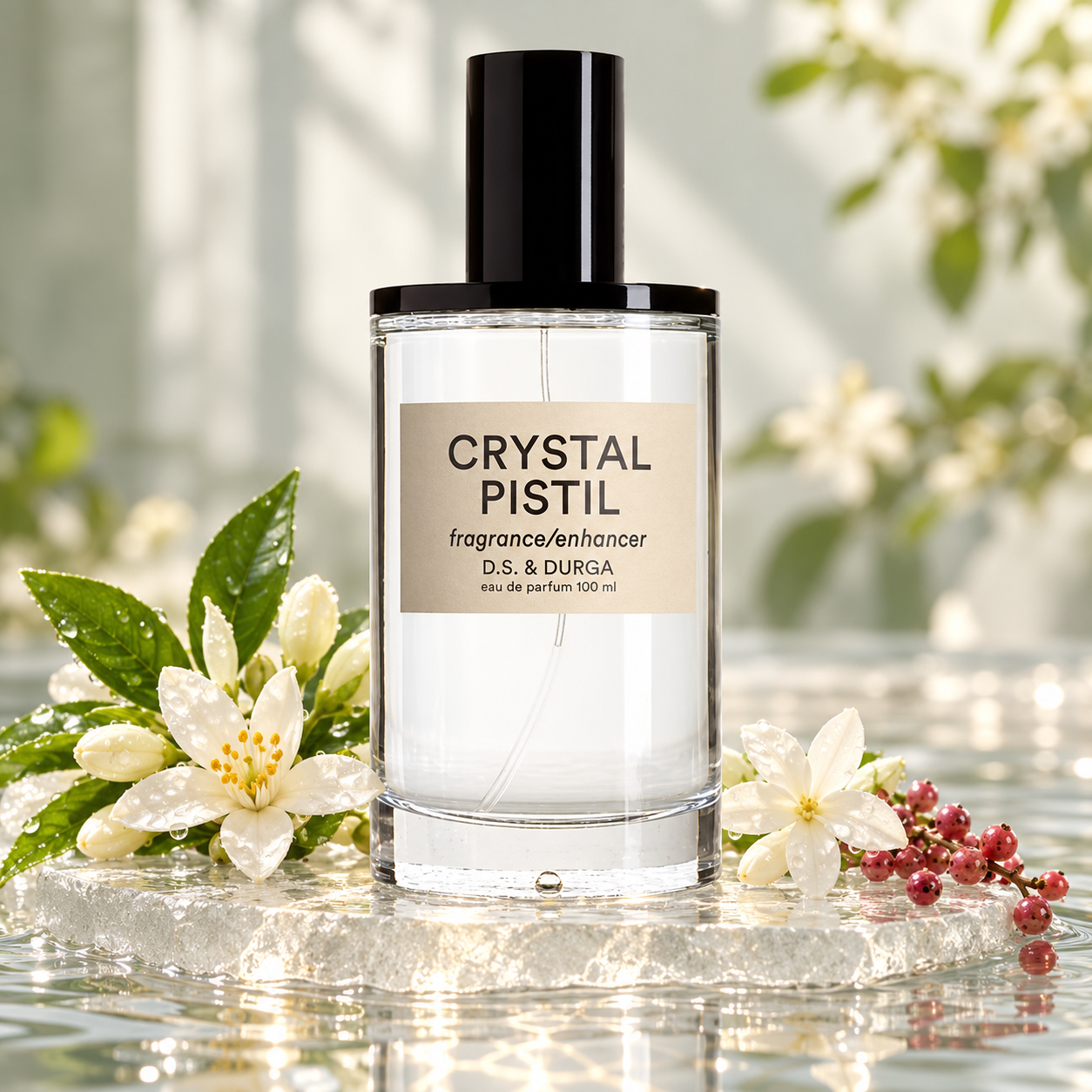 D.S. & Durga Crystal Pistil bottle on frosted glass above rippling water, beside dewy orange blossoms, jasmine and pink peppercorns in soft daylight.