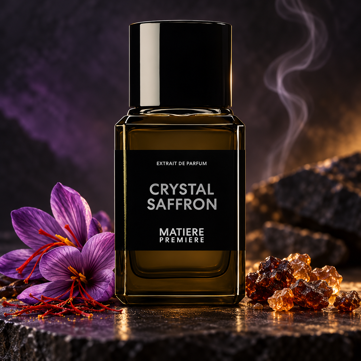 Matiere Premiere Crystal Saffron Extrait dark bottle beside purple saffron crocuses and amber myrrh resin on charcoal stone, with a curl of smoke behind.