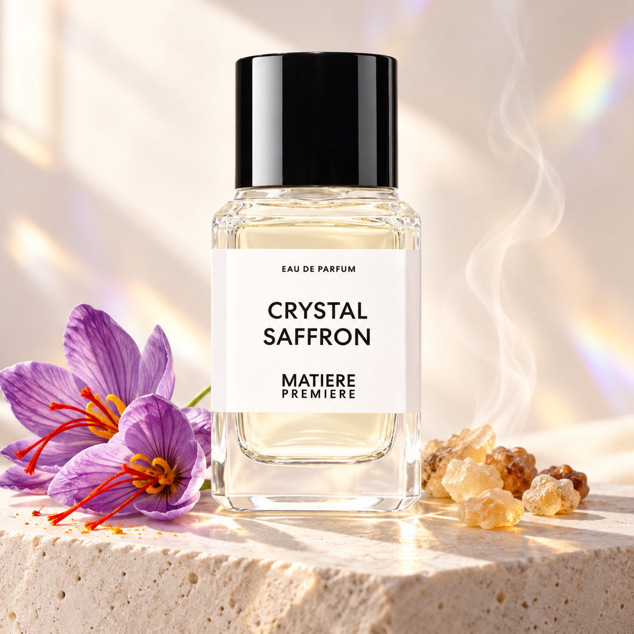 Matiere Premiere Crystal Saffron bottle beside purple saffron crocuses and golden incense resin on pale stone, with soft prism light and a wisp of smoke.