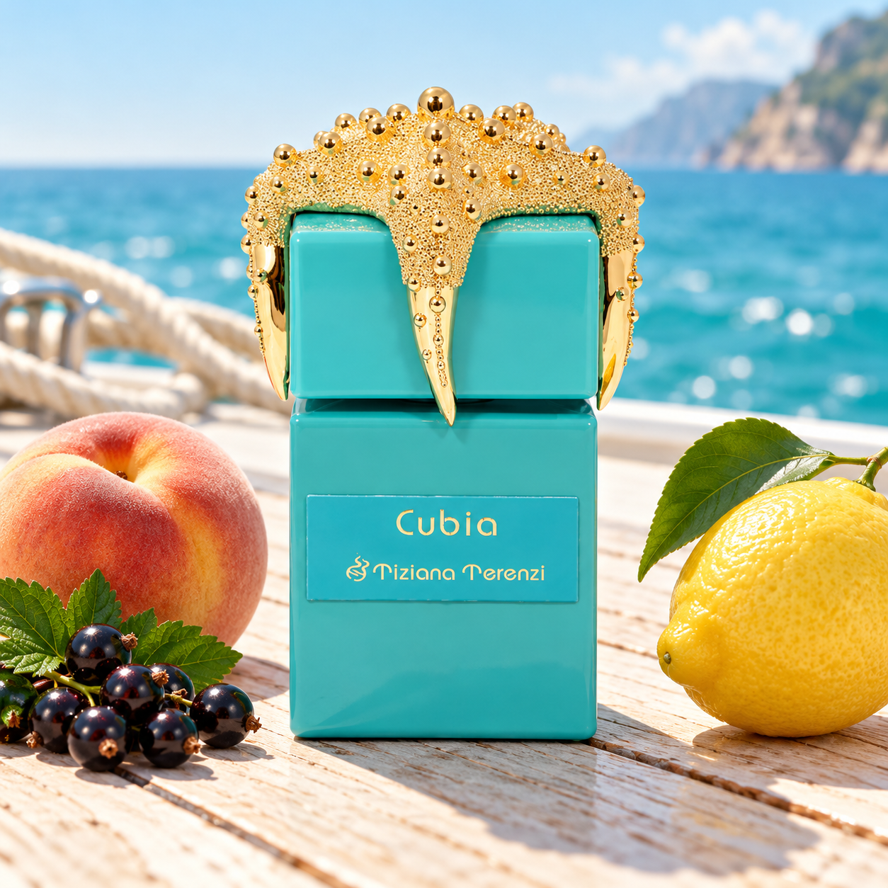 Tiziana Terenzi Cubia turquoise bottle with a gold starfish cap beside a whole peach, lemon and blackcurrants on a sunlit boat deck overlooking blue sea.