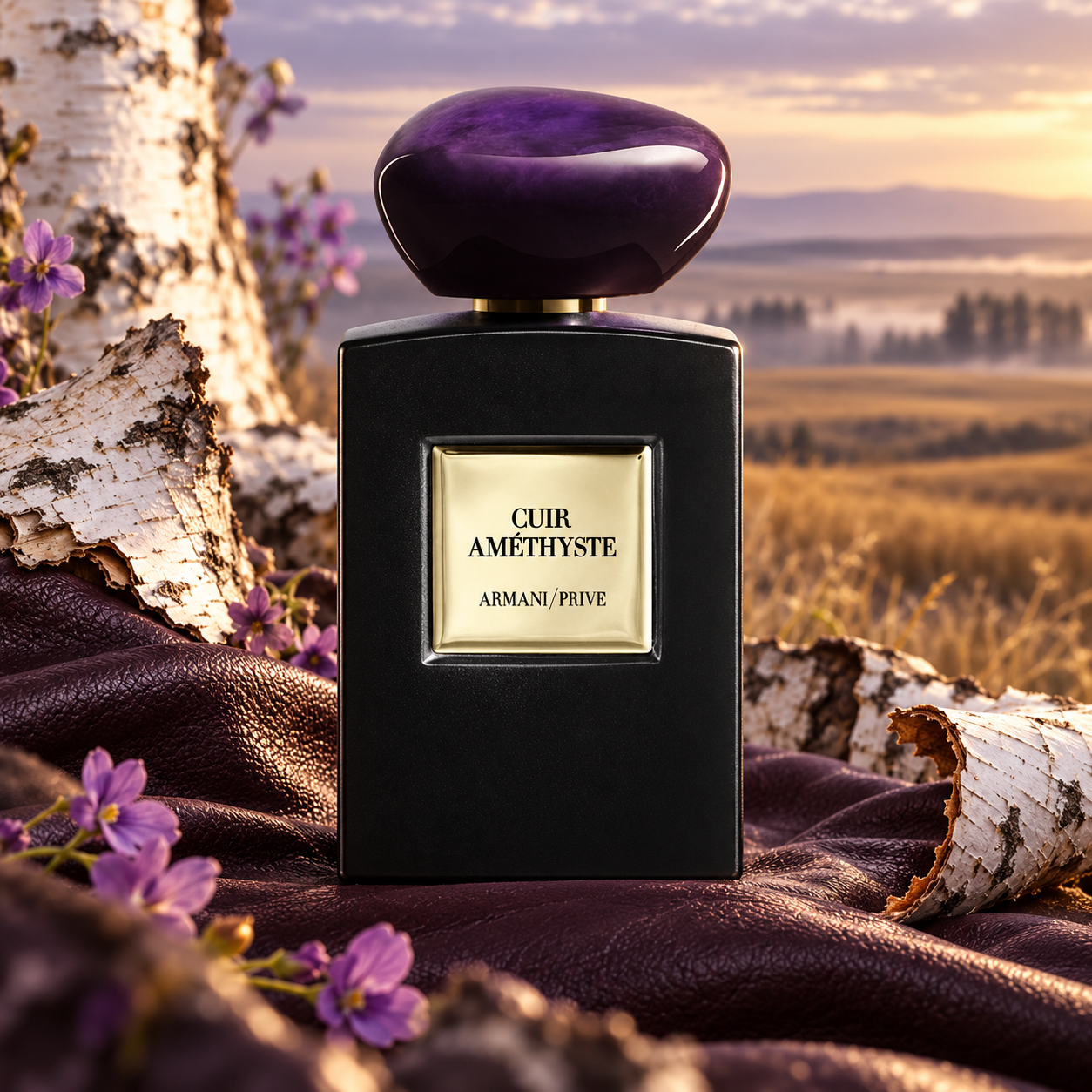 Giorgio Armani Cuir Amethyste black bottle with purple stone cap beside violet flowers, birch bark and plum leather against a misty grassland.