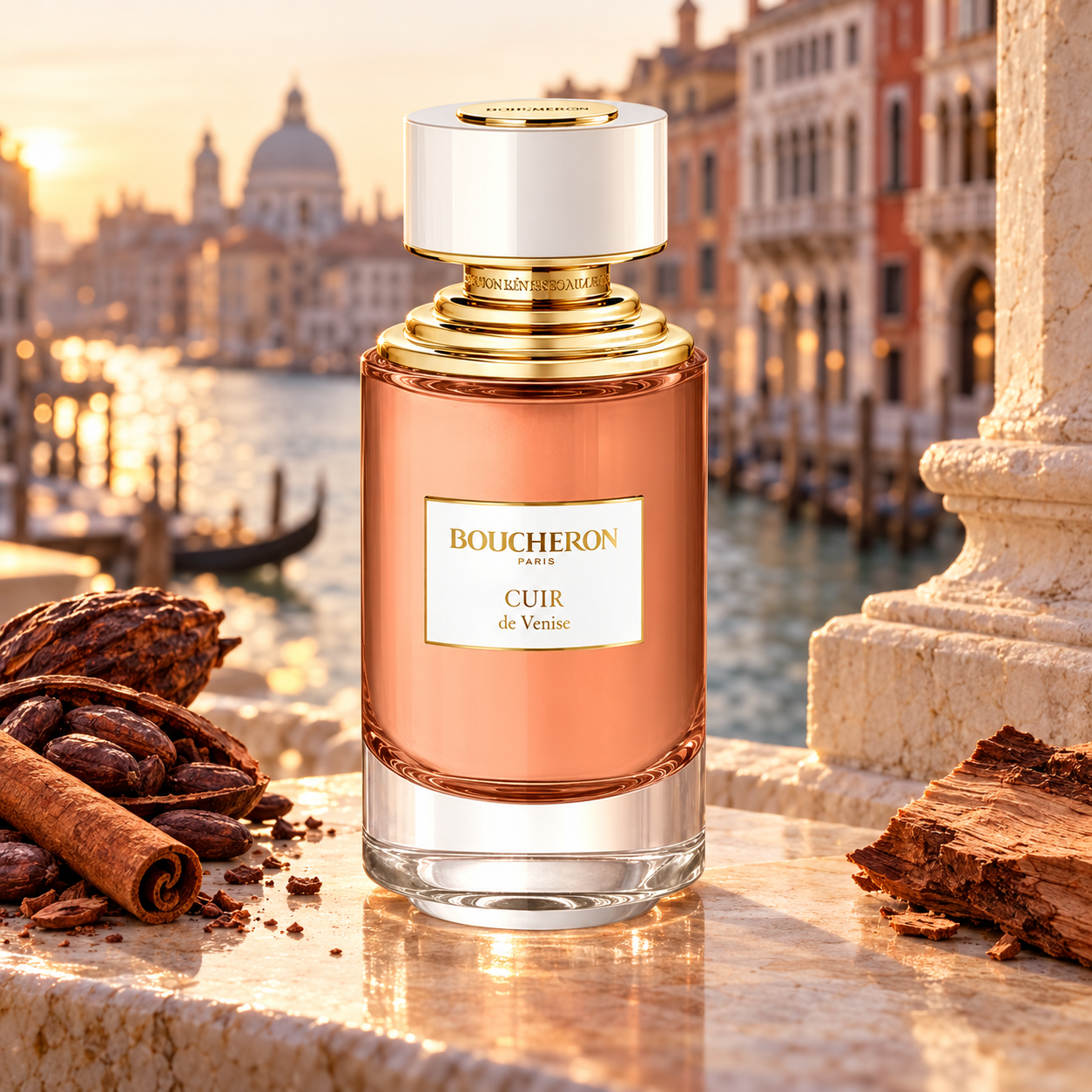 Boucheron Cuir de Venise bottle beside cacao beans, cinnamon and cedar on a stone balcony overlooking a softly lit Venetian canal.