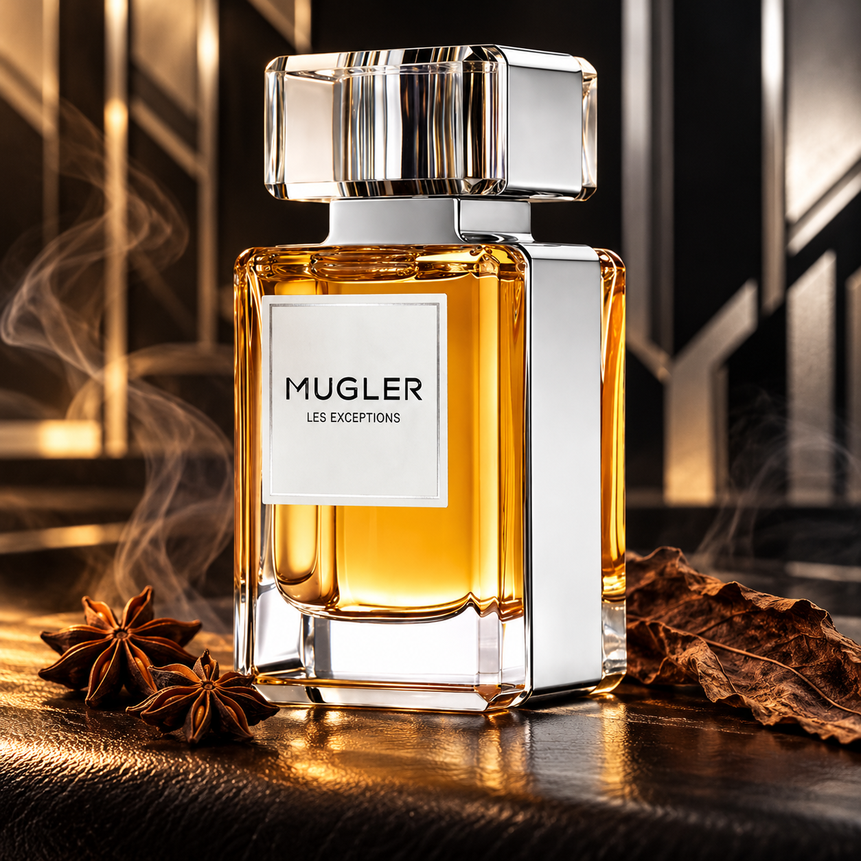 Mugler Cuir Impertinent amber bottle beside star anise and tobacco on black leather, with silver Art Deco details and a trace of smoke.
