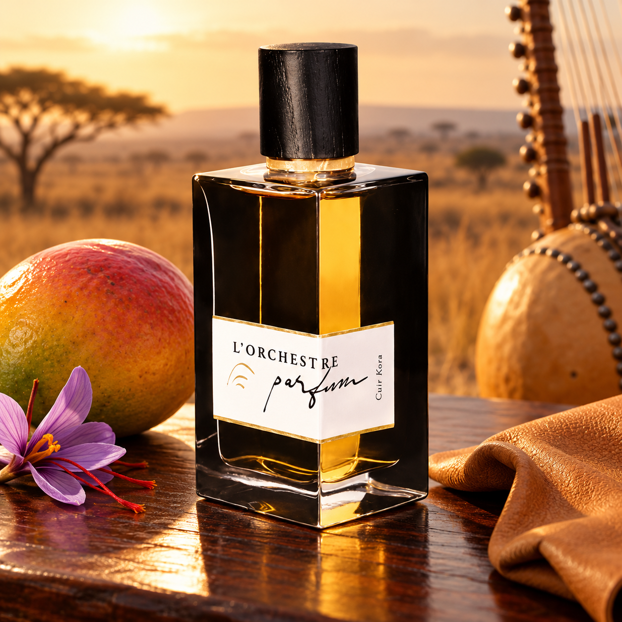 L'Orchestre Cuir Kora bottle beside a whole mango, saffron flower and leather, with a kora and golden savannah softly blurred behind.
